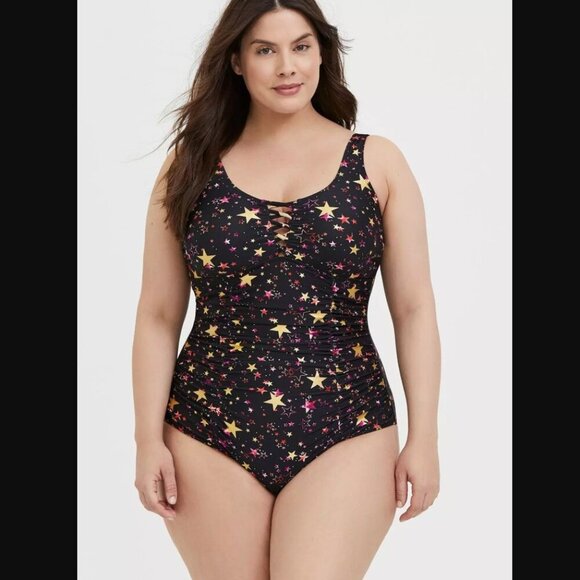 Torrid Black & Gold Foil Star Lattice Wireless One-Piece Swimsuit - Picture 1 of 9